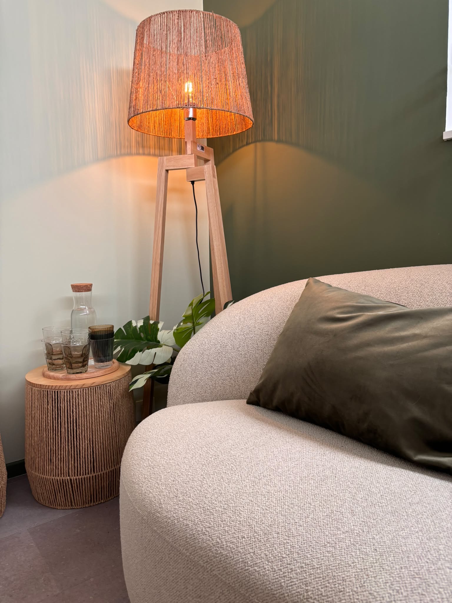Detail van vloerlamp, plant en ronde zetel